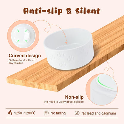 SPUNKYJUNKY Ceramic Elevated Dog Bowl Set with Acacia Wood Stand for Food and Water for Cats and Small Dogs (13.52 OZ, White, Dog Paw Pattern)