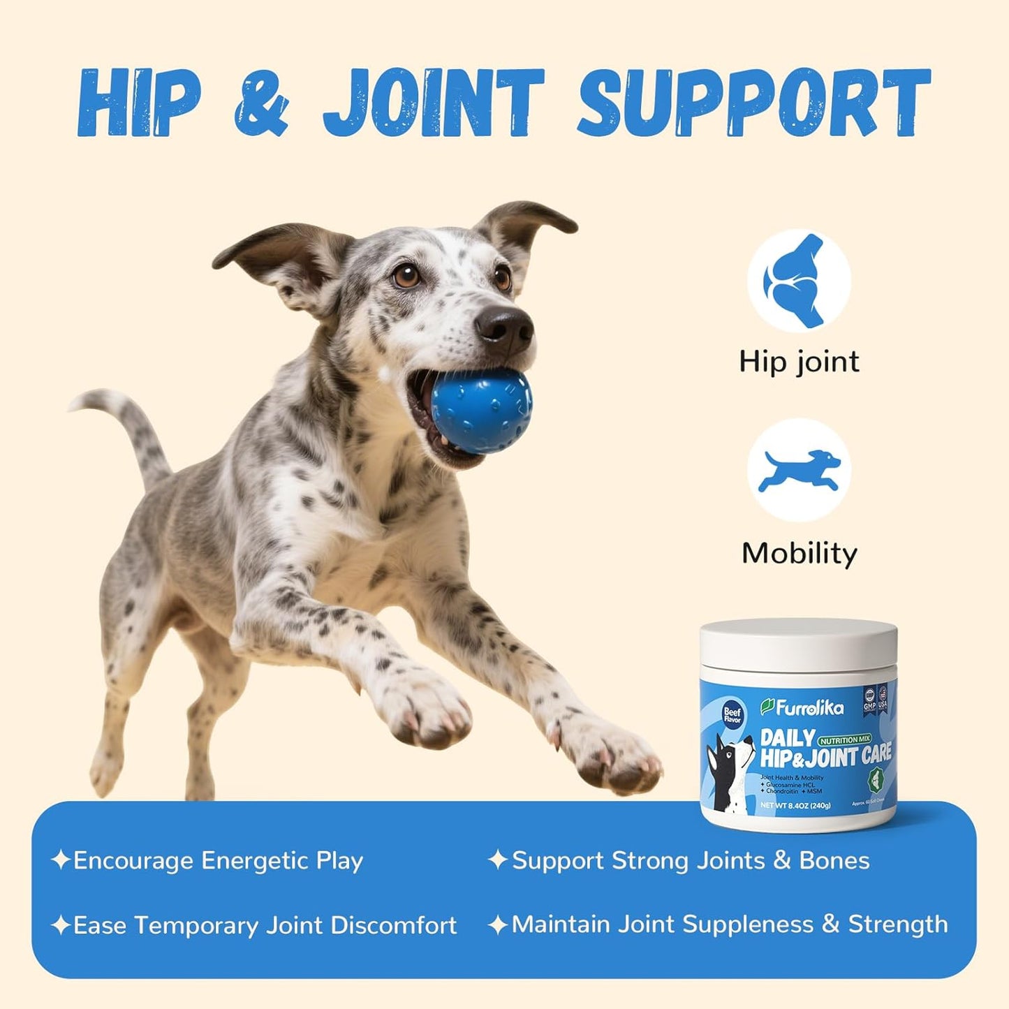 Furrolika Hip and Joint Supplement for Dogs – Made in The USA – Glucosamine, Chondroitin, MSM, Vitamin C – Chewable Joint Support for Mobility & Comfort – Beef Flavor – 60 Soft Chews