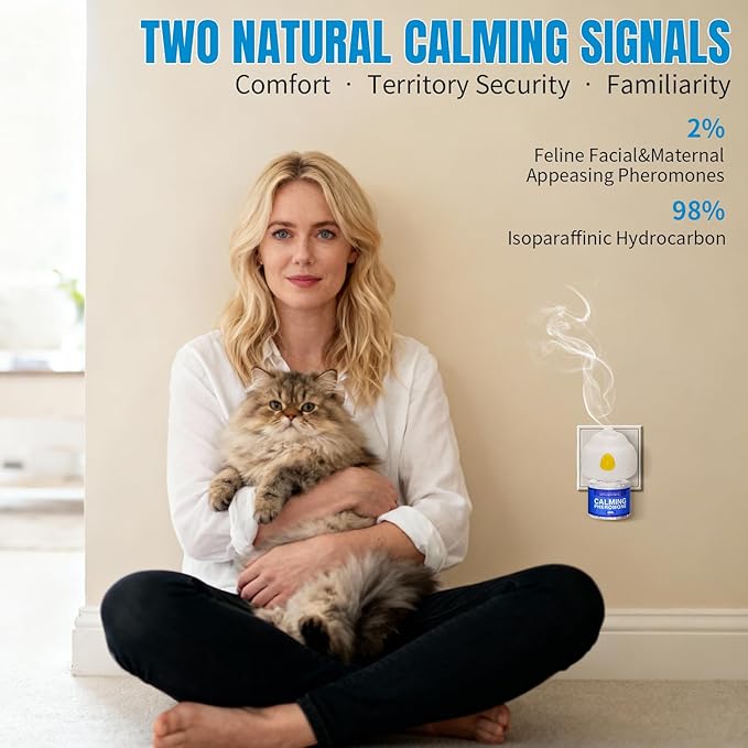 Cat Calming Pheromone Diffuser - Stops Urine Marking & Scratching, Reduce Fighting Spraying Cat Calming Diffuser, Drug-Free Formula for Anxious Cats, 2 Diffuser + 4 Refills Last 120 Days