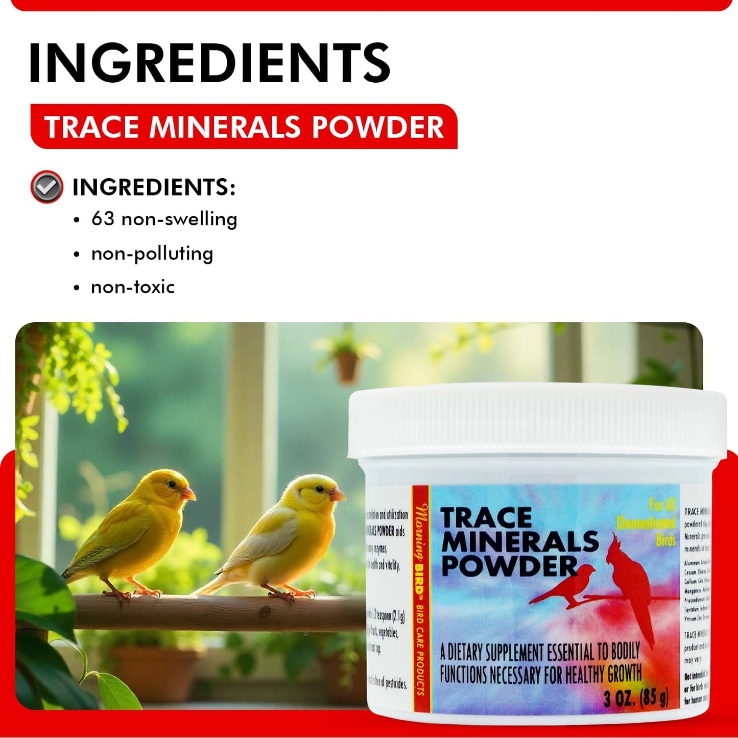 Morning Bird Trace Minerals Powder 3 Oz – Complete Mineral Supplement for Birds – Promotes Energy, Metabolism & Enzyme Activity – Easy to Mix for Daily Vitamin Support.