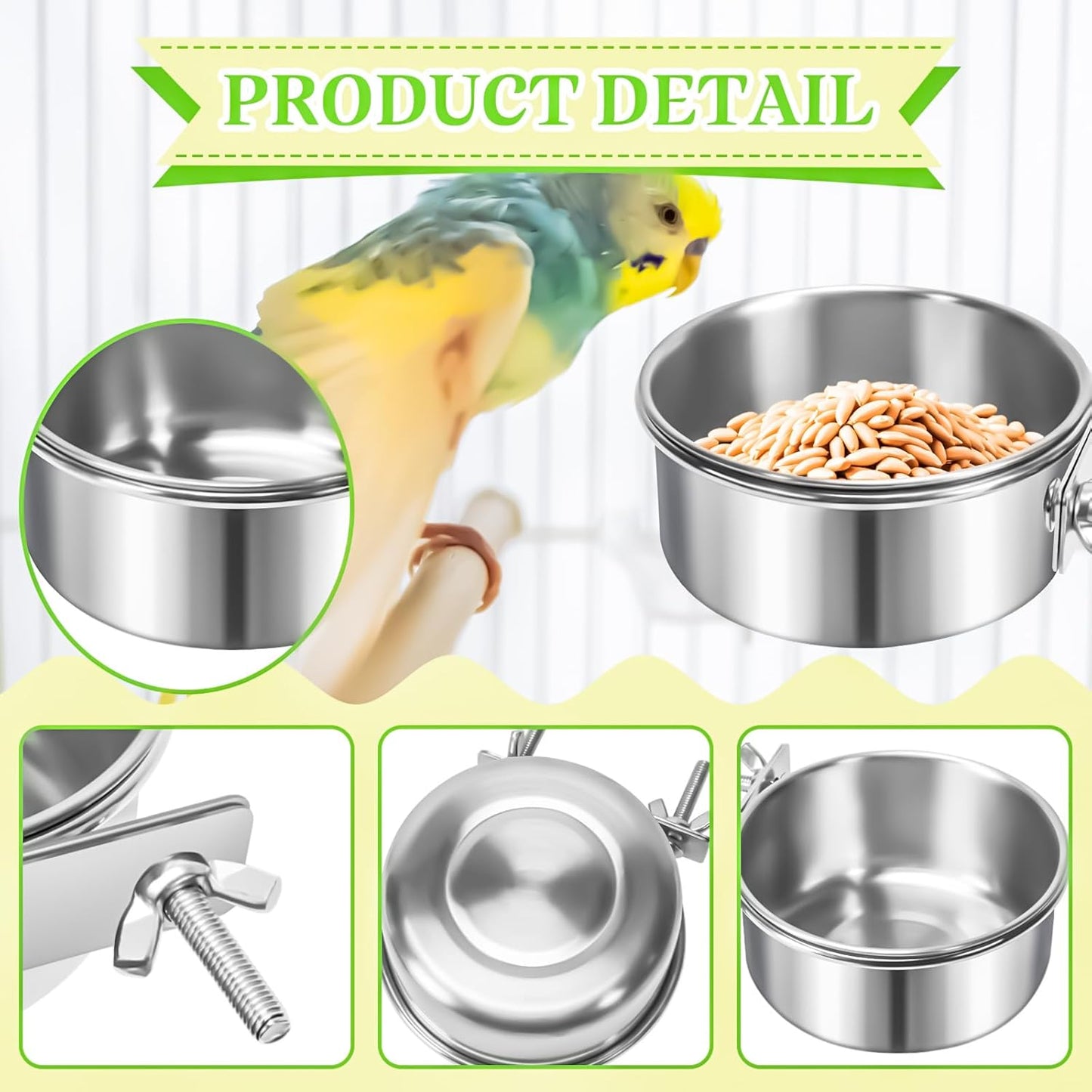 MotBach 2 Pack Bird Feeding Bowls Cups Parrot Food Water Dishes, Stainless Steel Bird Bowl Cup Dish with Clamp, Birdcage Feeder Pet Cage Bowls for Parrot Cockatiel Budgie Conure Parakeet Small Animal