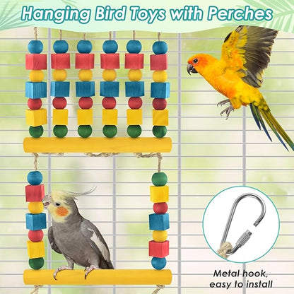 Bird Toys, Parrot Chew Swing Toy with Perches Stand, Hanging Colorful Wood Block Bird Cage Accessories for Small to Medium Quaker African Grey Budgie Cockatiels Amazon Parrots