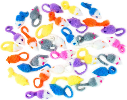CHIWAVA 36PCS 1.8" Candy Color Furry Mice Cat Toy Rattle Mouse Kitten Interactive Toy Assorted Color