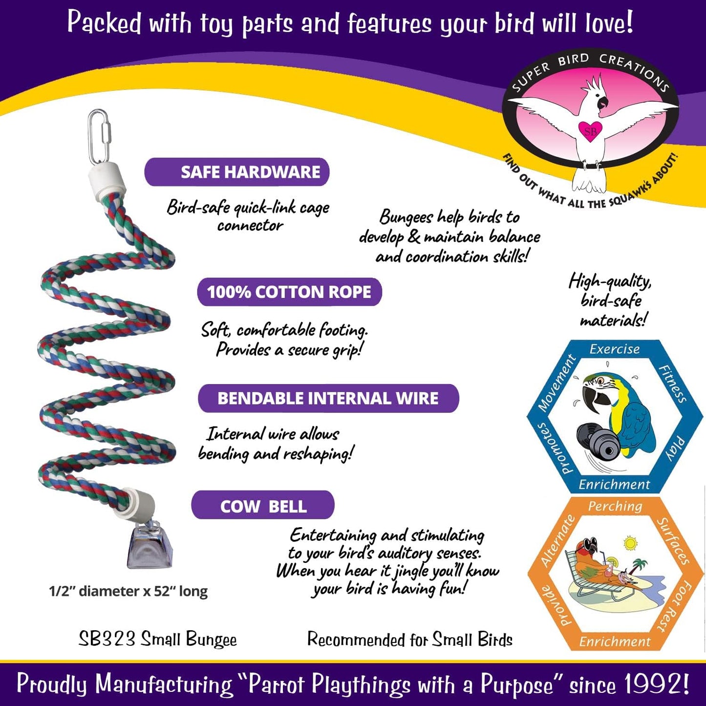 Super Bird Creations SB323 Small Bungee Bird Toy - Rope Perch for Canary, Parakeets, Cockatiels, Finch, Lovebirds - Colorful Hanging Perch - Enriching Bungee Toy for Small Birds & in Bird Cages