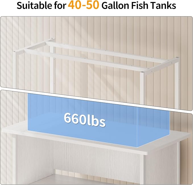 APPLOYN 40-50 Gallon Fish Tank Stand, Aquarium Stand with 3-Tier Storage Shelf, Heavy Duty Metal Frame for Turtle Reptile Terrarium Tank Stand, for Living Room, Office, 36.6" L x 18.9" W x 31.5" H, White