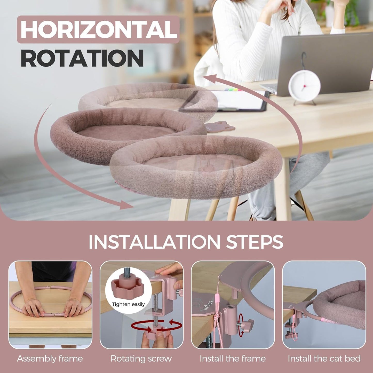 Rotating Cat Desk Bed - 40 LBS Chair-Side Cat Sleeping Basket with Bed for Desk, 360° Swivel & Removable Washable Cushion for Office Comfort(Brown