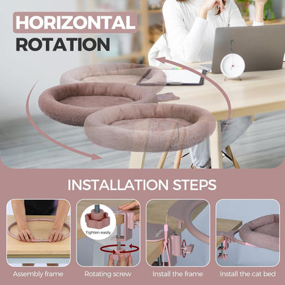 Rotating Cat Desk Bed - 40 LBS Chair-Side Cat Sleeping Basket with Bed for Desk, 360° Swivel & Removable Washable Cushion for Office Comfort(Brown