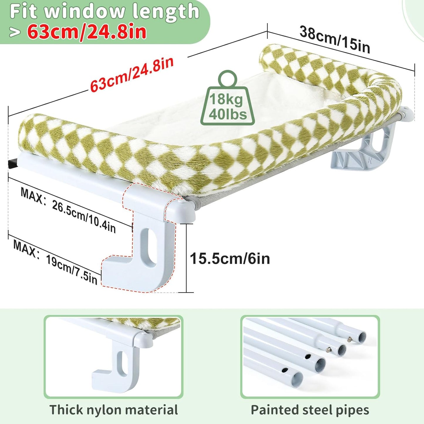 Sunhoo Cat Window Perch Hammock Sturdy Windowsill Bed Seat for Large Cats No Drilling No Suction Adjustable Kitty Shelf with Washable Cover Easy Assembly Holds up to 40 lbs 24.8 * 15 in (Green, L)