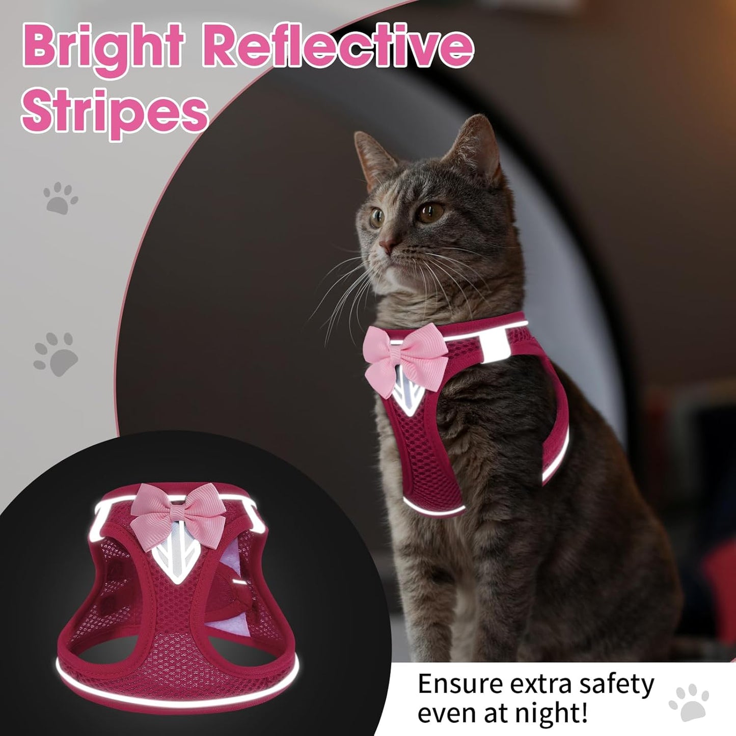 Cat Vest Harness and Leash Set for Walking Escape Proof, Adjustable Kitten Harness Breathable Mesh with Reflective Strips Harness for Kitty Puppy Bunny (Pink,M)