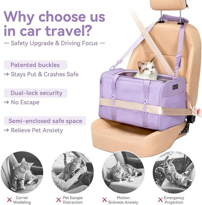 PETSFIT Cat Car Carrier for Small/Medium Cats Dogs, 18"x11"x11" Airline Approved Cat Carrier, with Patent Safety Buckles and Escape-Proof Zipper - Safeguarding Car Travel, Airplane, Vet, Outdoor