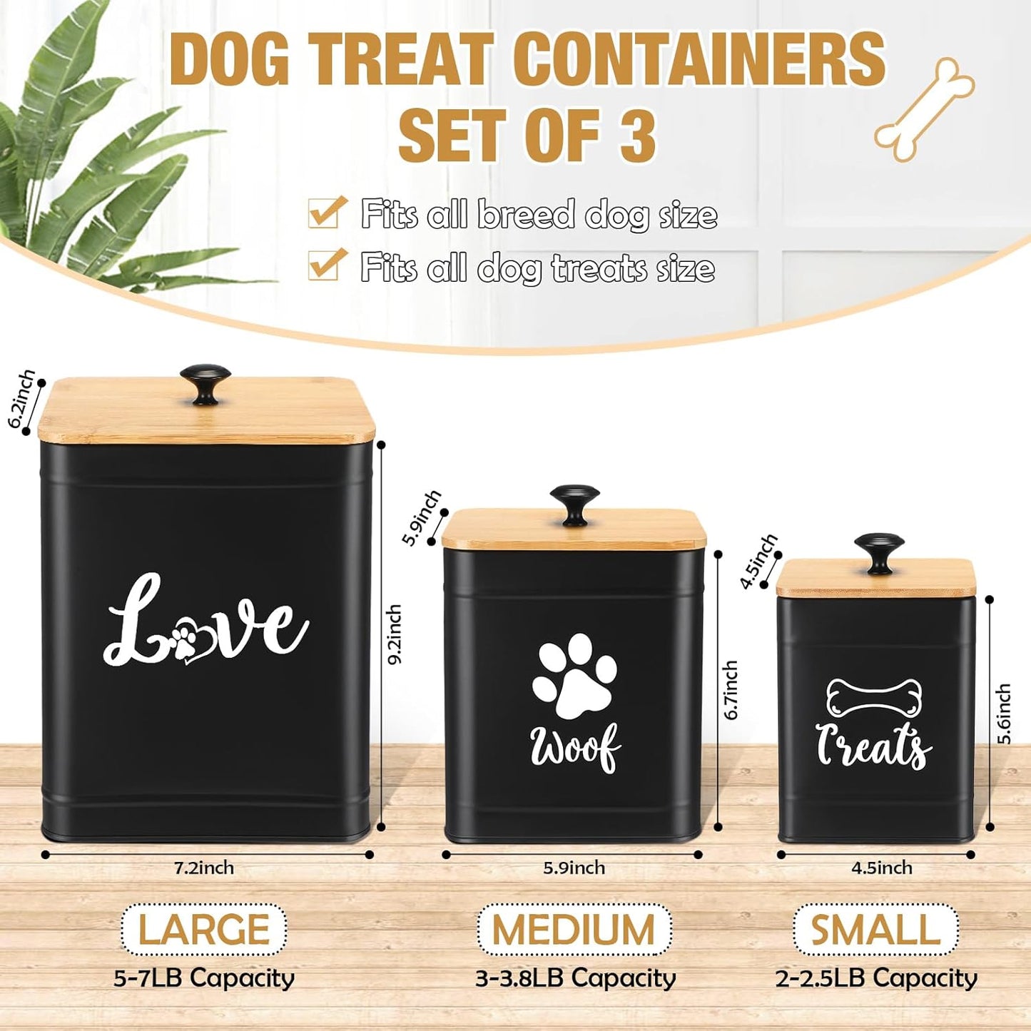 Metal Dog Treat Containers Set of 3 with Bamboo Lids and Spoon Airtight 7+3+2 lbs Dog Food Snack Jars with DIY Labels Big Pet Cookie Storage Jar for Kitchen Counter(Black,Classic)
