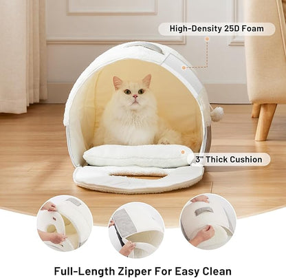 Cat Bed Cave for Indoor Cats - 2 in 1 Cat Hideaway Hut Fully Machine-Washable, Covered Kitten House Bed with Cushioned Pillow, Cute Small Pet Tent with Non-Slip Bottom, 15 Inches