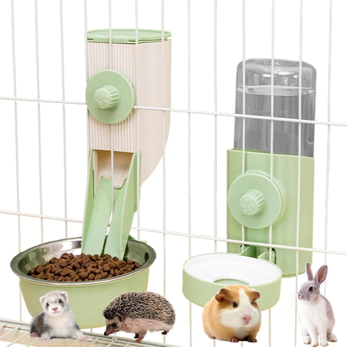 Hanging Rabbit Automatic Food Feeder with 30oz Bowl and 500ml Water Dispenser Bunny Gravity Feeding Station Waterer Set Hanging Self-Dispensing Feeder for Cages,Ferret,Guinea Pigs Chinchillas Hedgehog