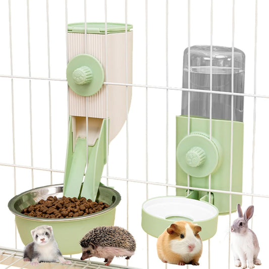Hanging Rabbit Automatic Food Feeder with 30oz Bowl and 500ml Water Dispenser Bunny Gravity Feeding Station Waterer Set Hanging Self-Dispensing Feeder for Cages,Ferret,Guinea Pigs Chinchillas Hedgehog