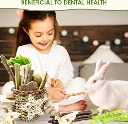 26Pcs Rabbit Toys for Bunny Boredom Basket for Small Pets, with 14Pcs Replacement Set Hanging Rodent Dental Toy with Papaya Stems Sweet Bamboo Hamsters, Chinchillas, Guinea Pigs