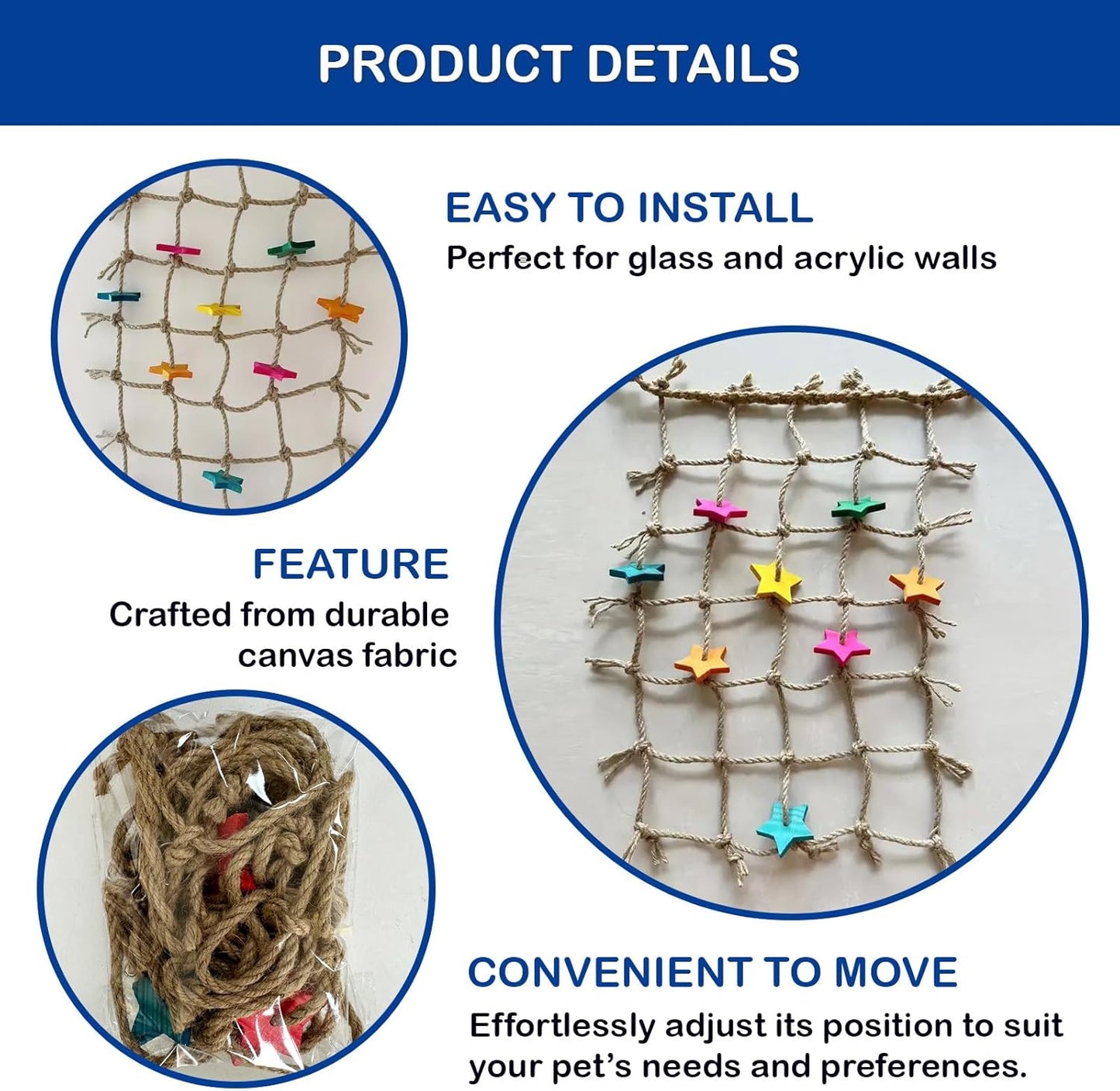 Bird Climbing Rope Net Climbing Rope Ladder,Size - 18''X20'' Parakeet Cage Hanging Toys for Rats Parakeet Cockatiel Cockatoo Conure African Grey Budgie