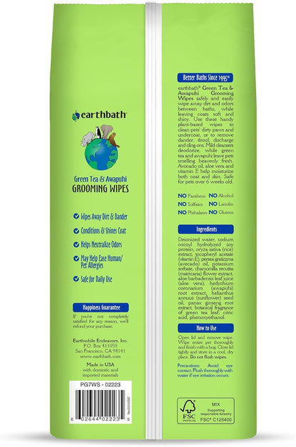 earthbath, Green Tea & Awapuhi Grooming Wipes - Dog Wipes for Paws and Butt, Best Pet Wipes for Dogs & Cats, Made in USA, Cruelty-Free Dog Cleaning Wipes, Removes Dirt & Dander - 100 Count (1 Pack)
