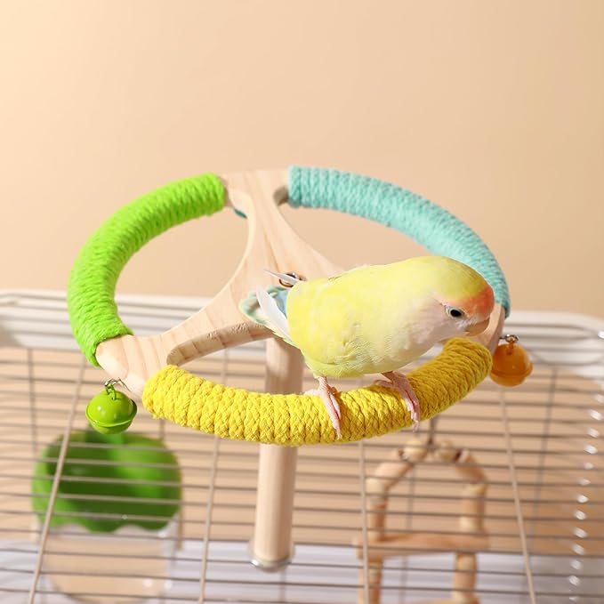 360° Interactive Rotating Bird Perch Toy with Bell - Natural Wood Spinning Cage Accessory for Parakeets, Budgies, Lovebirds, Cockatiels, Conures, Finches and Small/Medium Birds