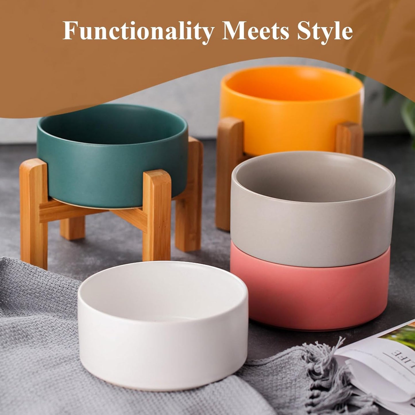 Ceramic Elevated Raised Cat Bowl with Wood Stand No Spill Pet Food Water Feeder Cats Small Dogs