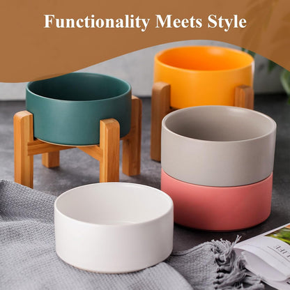 Ceramic Elevated Raised Cat Bowl with Wood Stand No Spill Pet Food Water Feeder Cats Small Dogs