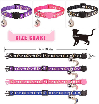 4 PCS Cat Collars with Bell Breakaway Gold Moons and Stars Adjustable Safety Kitten Collars with Charm Glow in The Dark