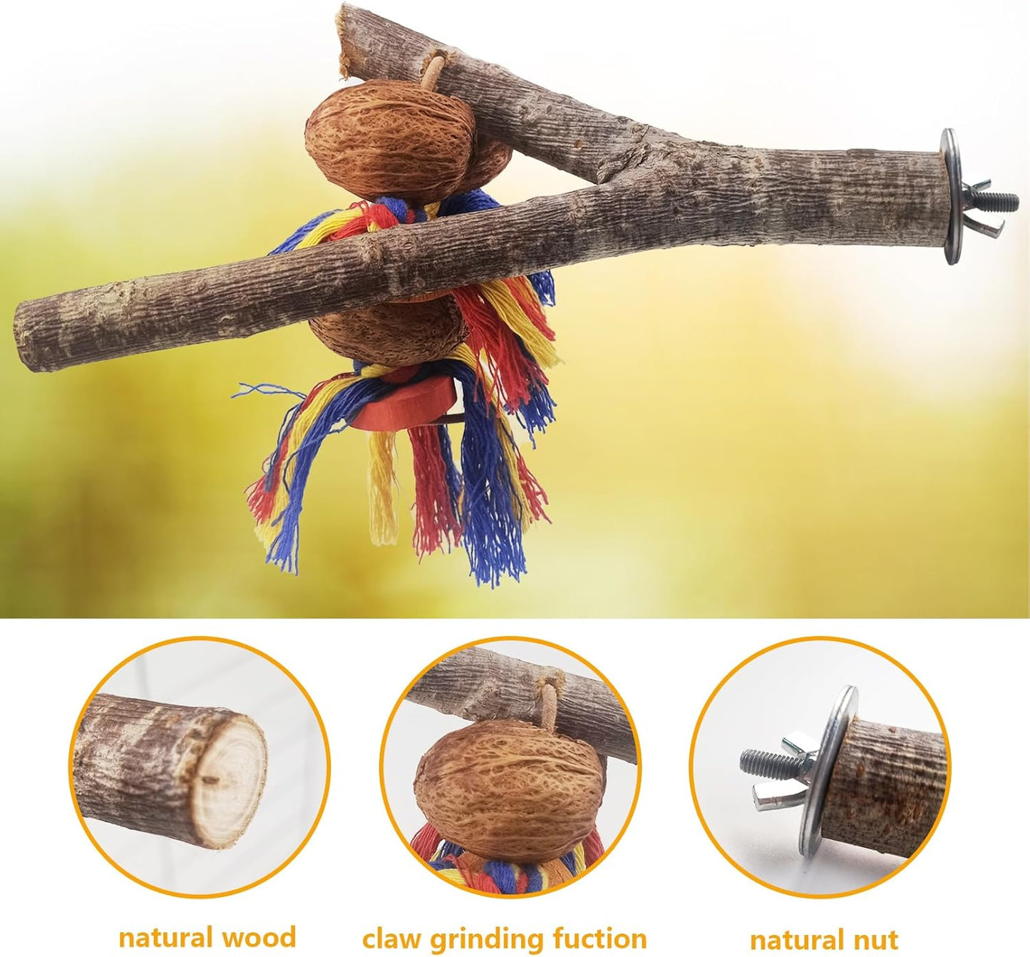 kathson Natural Bird Perches for Cage,Wooden Parrot Stand Branch with Chewing Nuts Toys Exercising Standing Parakeet Cage Accessories for Conures Budgies Finches Cockatiels Lovebird (2 PCS)