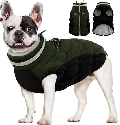 AOFITEE Dog Coat, Warm Dog Jackets for Small Dogs, Dogs Winter Coat with Harness Built in, Reflective Pet Winter Jacket, Waterproof Windproof Puppy Puffer Jacket Fleece Vest, Green XS