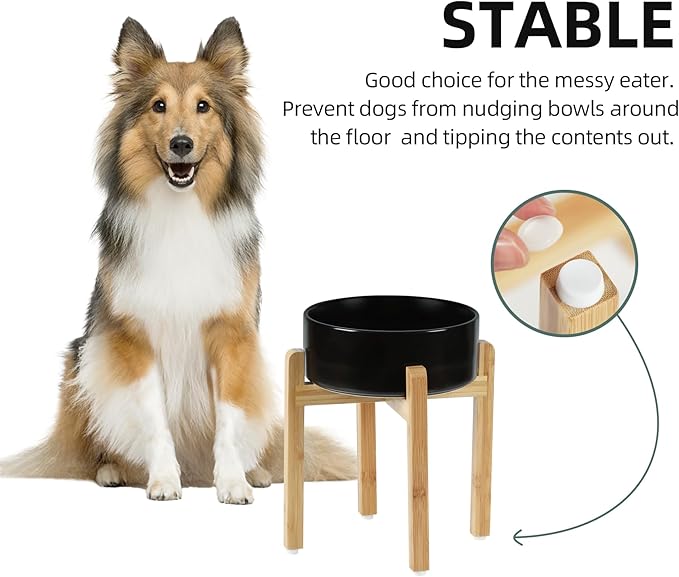 Ceramic Raised Dog Bowl Set, Elevated Dog Bowl with Stand, Food and Water Bowl for Large Breed Dogs, Weighted Pet Dishes(8.2'',60OZ, Black)