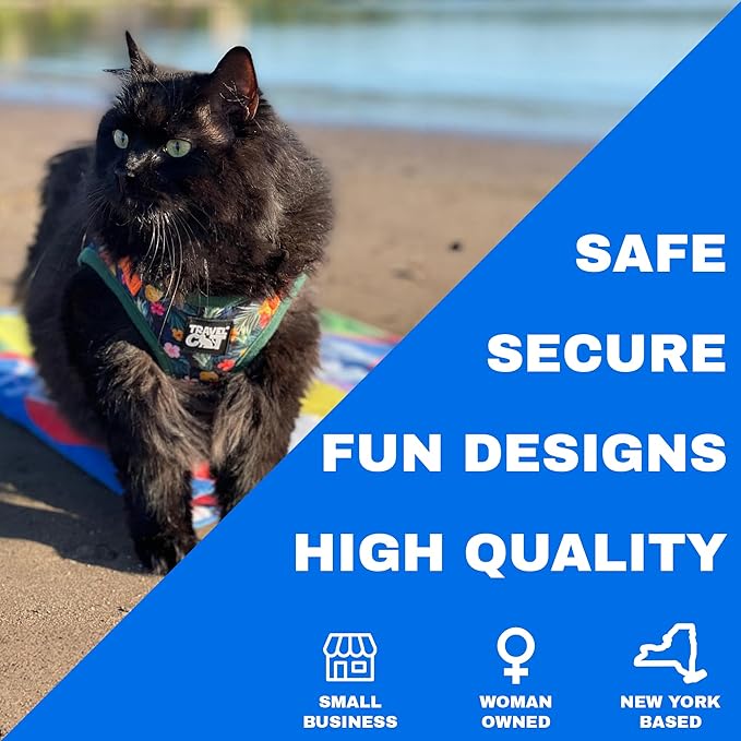 Travel Cat Harness and Leash Set - Adjustable Fit Mesh Cat Harness and Reflective Strap - Comfort Walking Vest for Kitten for Outdoor Walking, Hiking (Large, Hawaiian)
