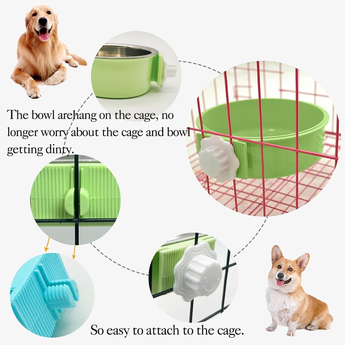 kathson Crate Dog Bowl 2pcs, Removable Stainless Steel Hanging Pet Kennel Cage Bowl Food & Water Feeder Coop Cup for Puppy, Cat, Rabbit, Guinea Pigs (2 PCS, Size: L, Blue and Green)