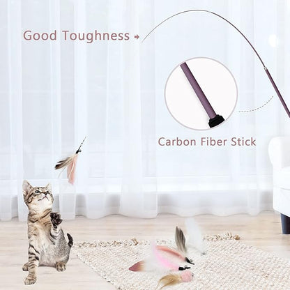 SONGWAY Interactive Cat Feather Toy Set - Retractable Teaser Wand with 6 Pcs Feather Refills with Bell, Cat Wand Toys for Indoor Cats Kittens Play Chase Exercise, Light Pink