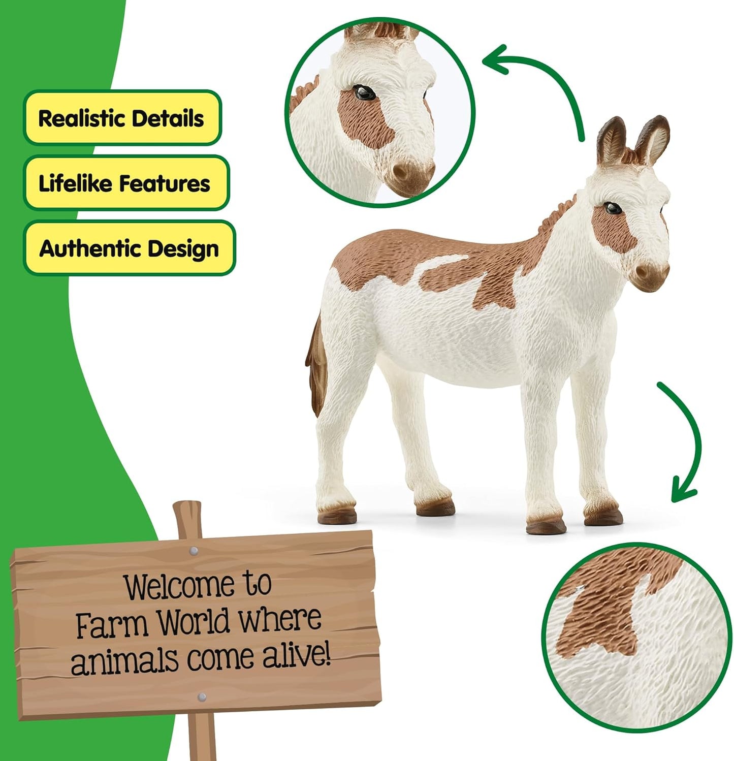 Schleich Farm World American Spotted Donkey Animal Figurine - Highly Detailed and Durable Farm Animal Toy, Fun and Educational Play for Boys and Girls, Gift for Kids Ages 3+, Multicolor, 2.5 inch