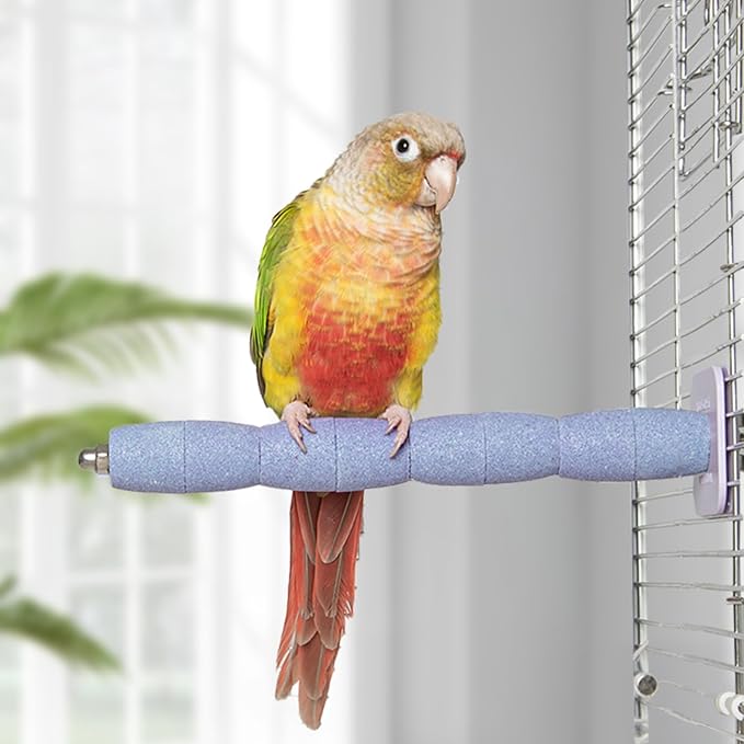 Bird Perch Stand for Parrots – Natural Ceramic Grinding Stick for Beak & Claw Trimming Cage Accessory for Budgies Parakeets Cockatiels Conures Chew Toy with Abrasive Surface (Blue, 7.8Inch)