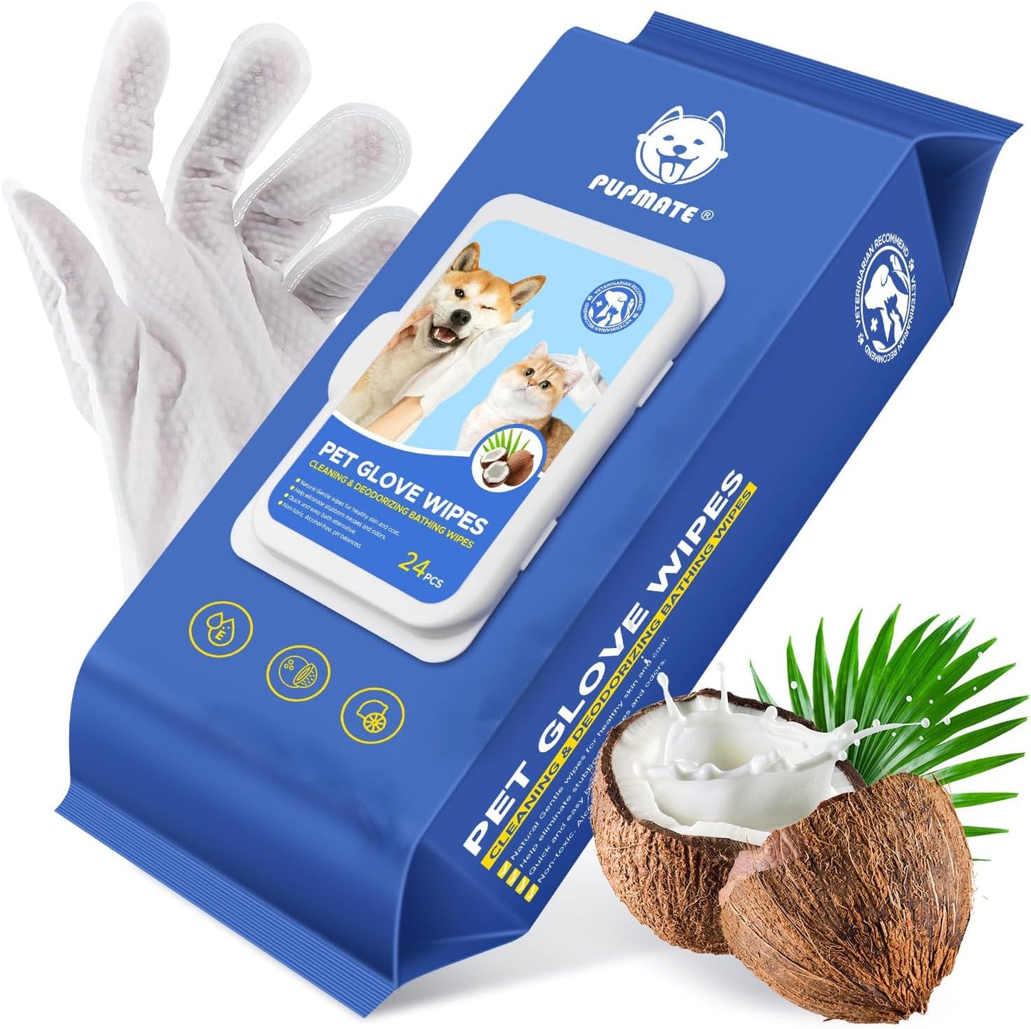 Pet Cleaning Glove Wipes for Dogs & Cats, Hypoallergenic Deodorizing Disposable Bathing Wipes,No-Rinse Grooming Wipes,Perfect for Pet Dry Cleaning,Daily Care and Travel, Coconut Scent, 24 pcs