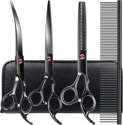 Professional Dog Grooming Scissors kit Black 5 in 1, Dog Shears for Grooming 6CR Premium Stainless Steel Grooming Scissors Kit for Dogs Cat Pet