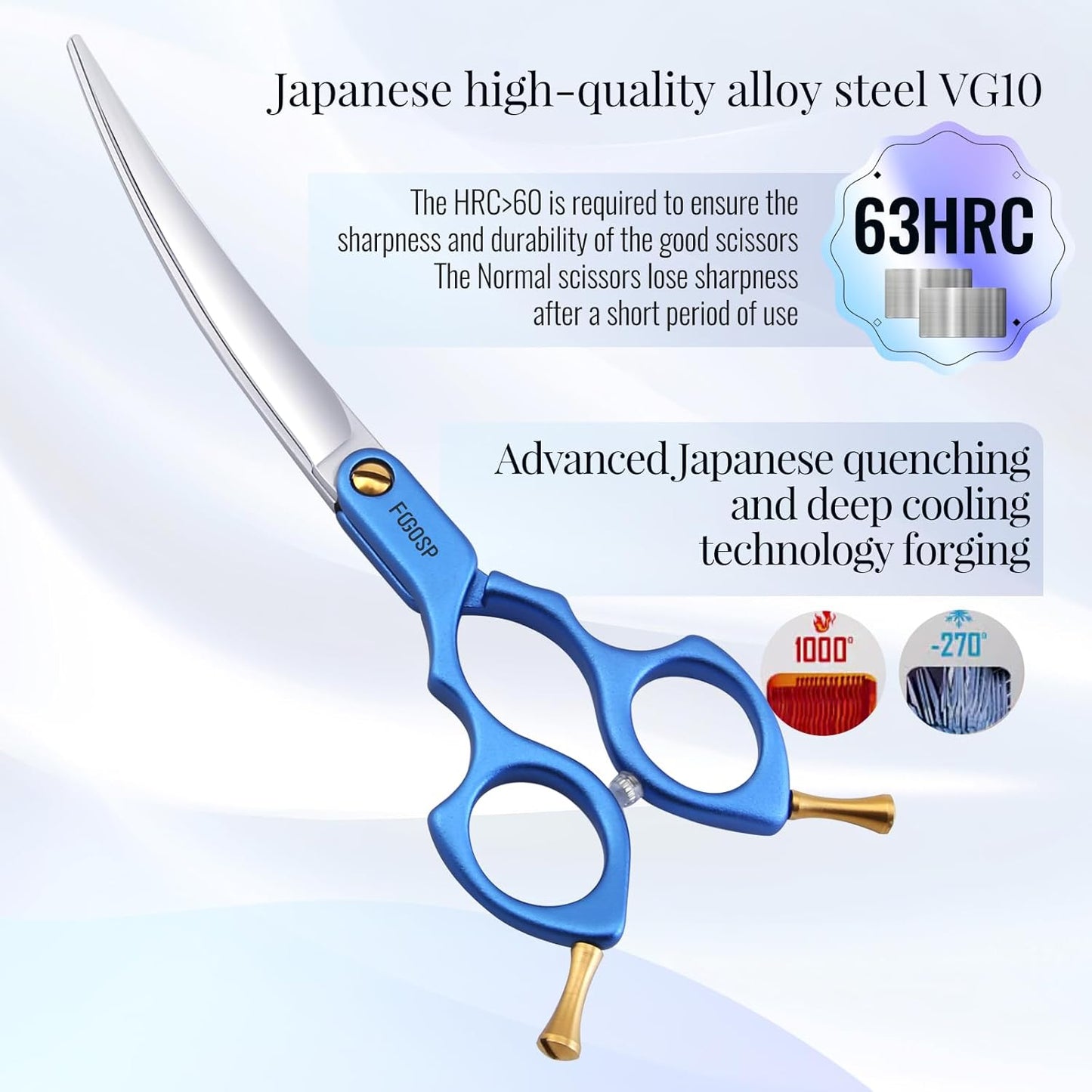 Professional Left Handed Curved Dog Grooming Scissors with Sharper Self Grinding lightweight and finely trimmed split structure 6.5'' Japan VG10 63HRC for small dogs cat pet(Blue)