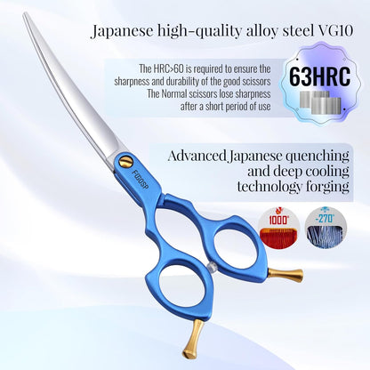 Professional Left Handed Curved Dog Grooming Scissors with Sharper Self Grinding lightweight and finely trimmed split structure 6.5'' Japan VG10 63HRC for small dogs cat pet(Blue)