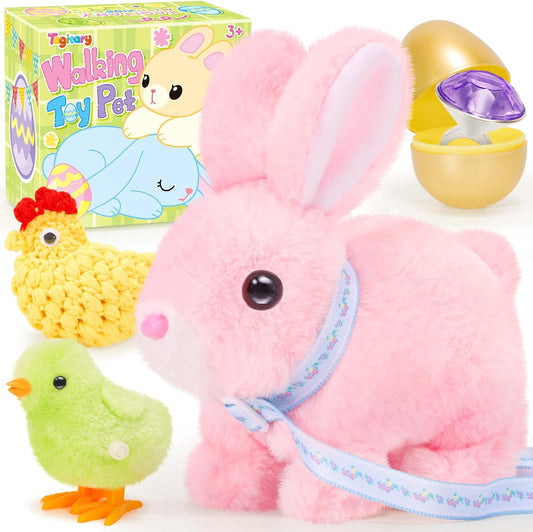Tagitary Plush Toys Walking Bunny for Kids,Easter Stuffed Bunny with Sounds,Interactive Toys with Leash,Golden Egg,Wind Up Toy, Can Hop,Wiggle Ears,Twitch Nose,Ideal Easter Gifts for Toddlers