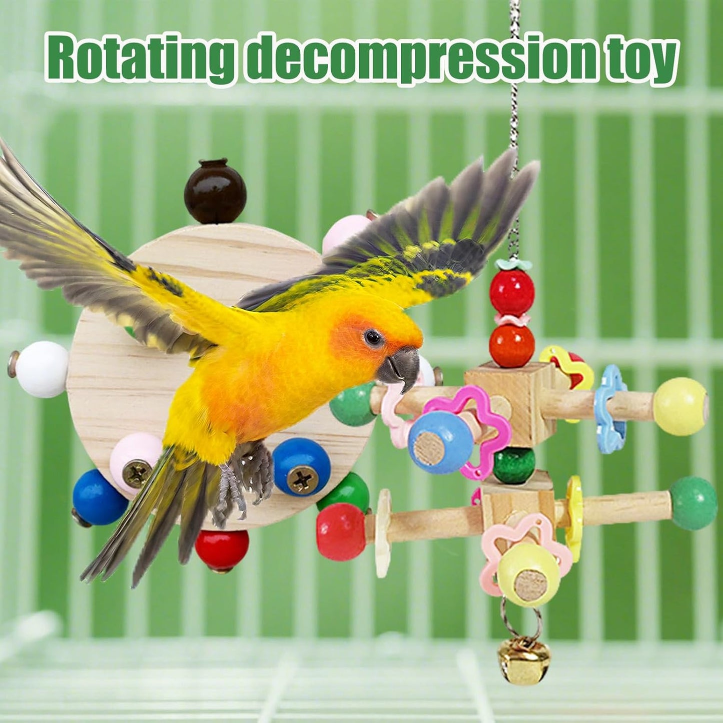 Bird Spinner Toys for Parrots with Bells,Natural Wood Parakeet Toys for Cage,Bird Cage Accessories Chewing Hanging for Small and Medium Birds,Cockatiel,Conure,Lovebird,Budgie,Quaker（2pcs）