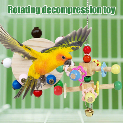 Bird Spinner Toys for Parrots with Bells,Natural Wood Parakeet Toys for Cage,Bird Cage Accessories Chewing Hanging for Small and Medium Birds,Cockatiel,Conure,Lovebird,Budgie,Quaker（2pcs）