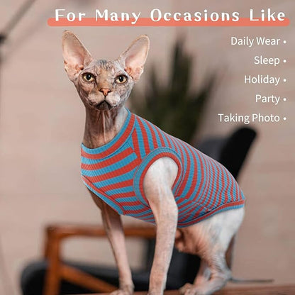 BRKURLEG Hairless Cats T Shirt, Cat Sweaters, Pullover Kitten Shirts, Sleeveless Round Collar Cotton Vest for Cornish Rex Devon Rex Peterbald and Small Dogs Sweater(OrangeBlue Stripes, XL)