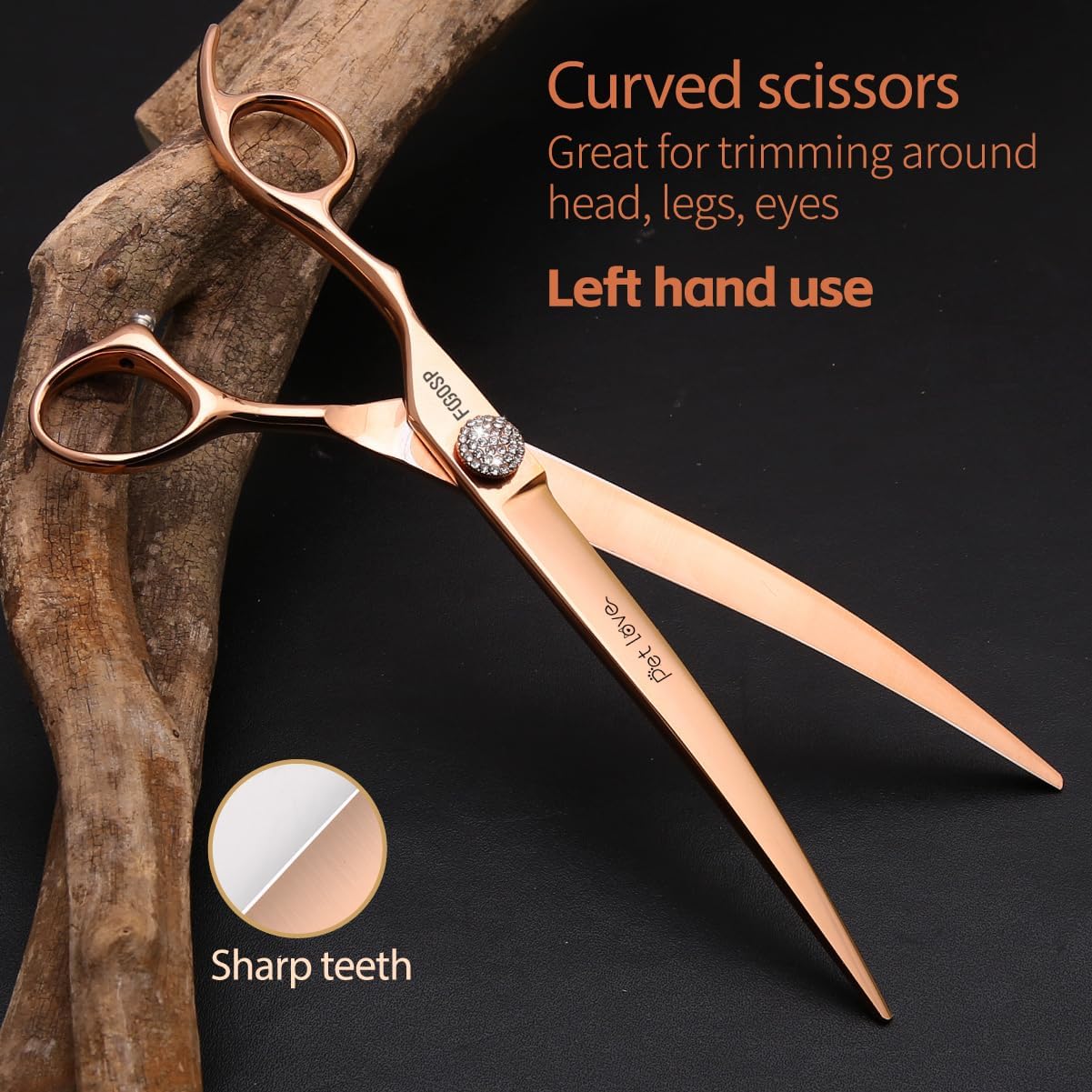 Professional Left Handed Curved Dog Grooming Scissors 8'' Downward 30° Rose Gold Titanium Japan 440C Pet Grooming Trimming Shears for Large Dog Poodle(8,Curved)