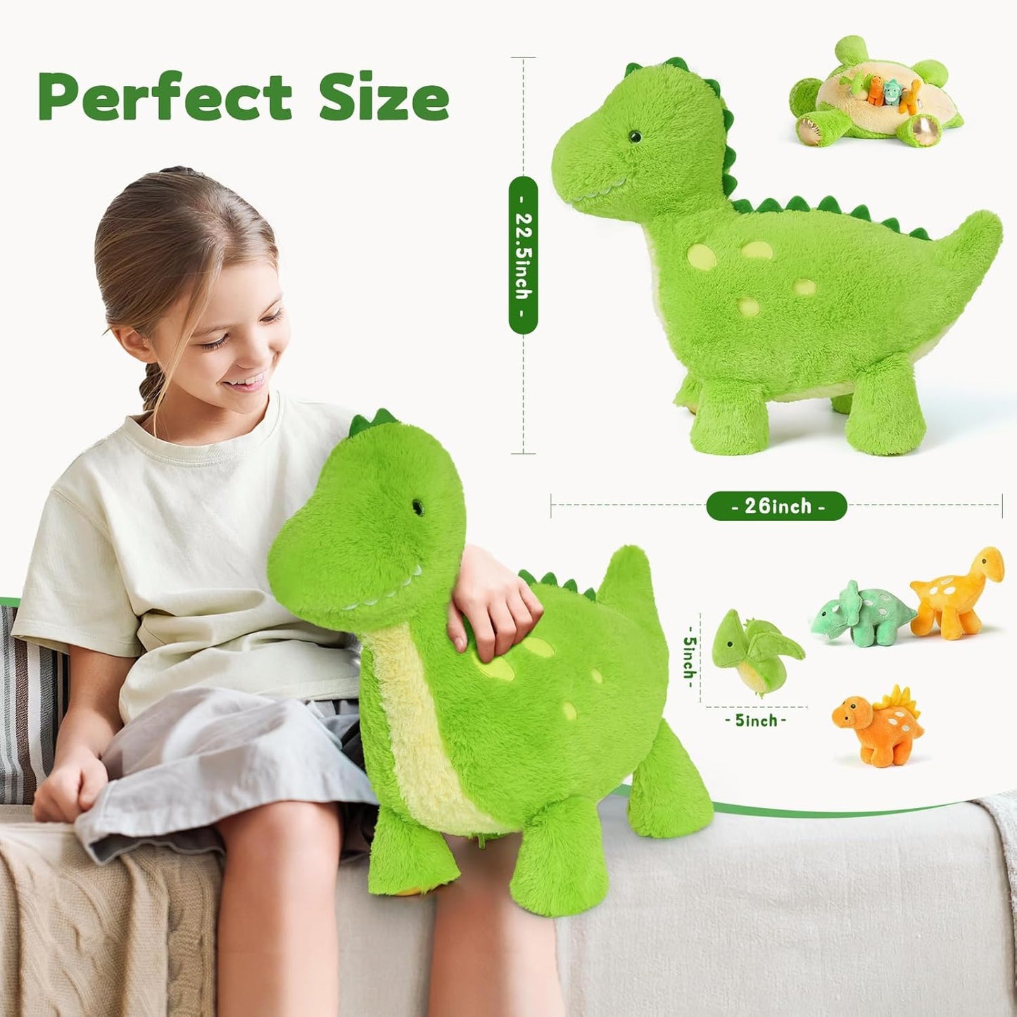Tezituor Cute Dinosaur Stuffed Animal with 4 Baby,Dinosaurs Plush Toys,Mommy Dinosaurs,3 Baby, Large Dino Plushies Gifts for Girls Boys Kids Christmas Easter Birthday Children's Day, Green