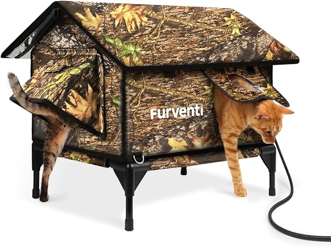 Heated Cat House for Outside,Extremely Weatherproof&Insulated in Winter,Elevated Outdoor Cat Shelter with Waterproof Eaves&Escape Door for Feral Stray Barn Cats(Leaves,M)