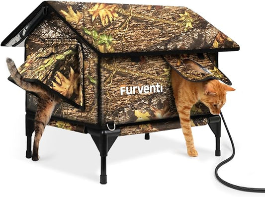 Heated Cat House for Outside,Extremely Weatherproof&Insulated in Winter,Elevated Outdoor Cat Shelter with Waterproof Eaves&Escape Door for Feral Stray Barn Cats(Leaves,M)