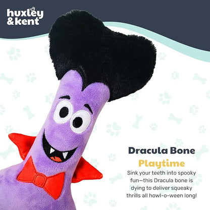 Huxley & Kent Halloween Funny Dog Toy w/Squeaker – Power Plush Squeaky Dog Toys for Small, Medium & Large Dogs – Soft Stuffed Animal for Indoor Play & Fetch - Dracula Bone, One Size