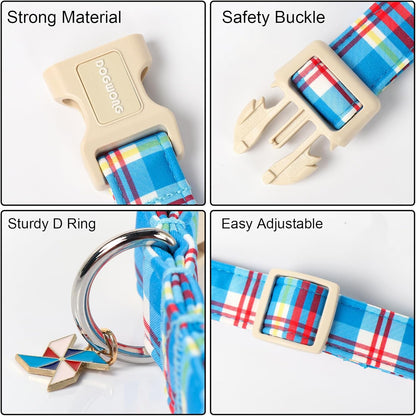 DOGWONG Blue Plaid Dog Collar- Cute Checkered Dog Collars Adjustable Designer Blue Puppy Dog Collar for Small Medium Large Dogs S