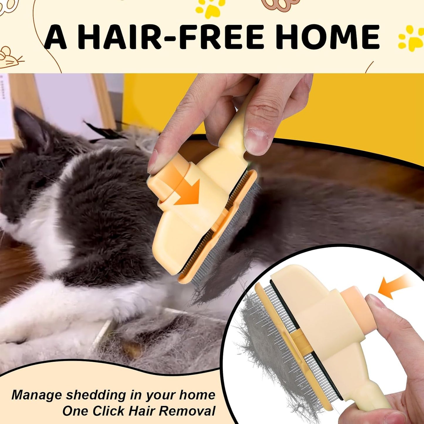 XANGNIER Pet Hair Removal Comb One-Click Self-Cleaning Grooming Brush, De-Shedding Comb for Short & Long Hair, Pet Grooming Supplies for Cats & Dogs, Yellow