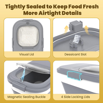 HOYTAMDA 25-35Lbs Rice Container,Collapsible Airtight Food Storage Containers with Wheels,Handle,Rice Storage Container with Small Bin and Scoop,Rice Dispenser for Flour Sugar Cereal Grain Dog Cat