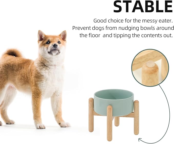 Ceramic 6.1inch Raised Dog Bowl with Stand for Small and Medium Dog Dish Pet Food and Water Bowl (Single Bowl with Stand - Light Green)